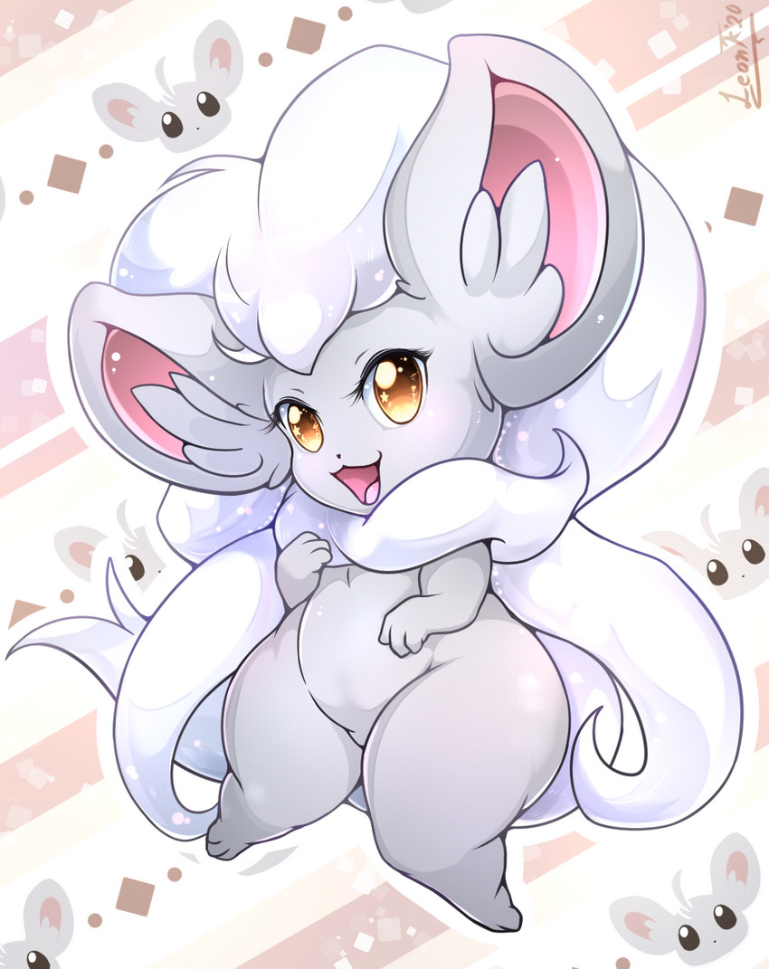 anthro anthrofied female fur grey_body grey_fur hair looking_at_viewer pokemorph short_stack solo thick_thighs white_hair wide_hips leonkatlovre nintendo pokemon cinccino generation_5_pokemon pokemon_(species) hi_res