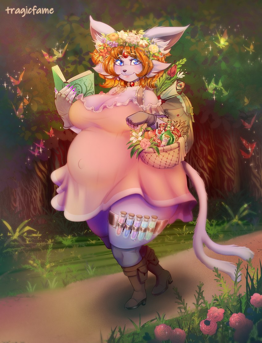 alchemist anthro apple auburn_hair backpack basket belly big_belly big_breasts blue_eyes book boots breasts brown_backpack brown_boots brown_clothing brown_footwear brown_gloves brown_handwear clothing collar colored_nails container curvy_figure dress female fingerless_gloves flower flower_crown food footwear frilly frilly_clothing frilly_dress fruit fur glistening glistening_hair gloves golden_collar hair handwear holding_basket holding_container holding_object nails nature nature_background pink_clothing pink_dress plant potion pregnant pregnant_anthro pregnant_female purple_body purple_fur purple_nails rose_(flower) shoes solo sparkles sparkling_hair thick_thighs thigh_strap voluptuous wide_hips tragicfame nintendo pokemon eeveelution espeon generation_2_pokemon pokemon_(species) hi_res