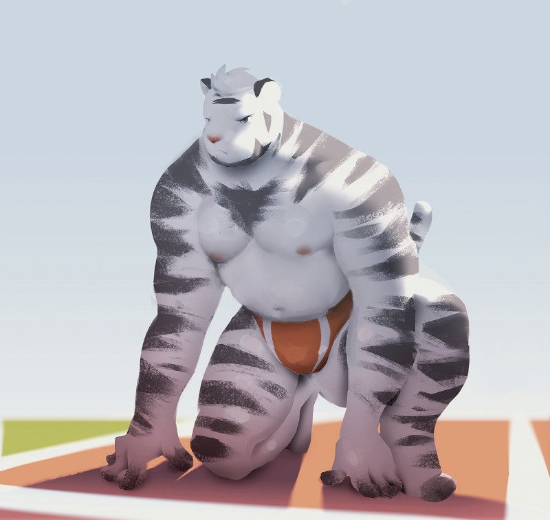 anthro belly bulge clothing fur humanoid_hands male moobs muscular muscular_anthro muscular_male navel nipples outside pecs slightly_chubby solo underwear white_body white_fur neiiio felid mammal pantherine tiger 2018 hi_res