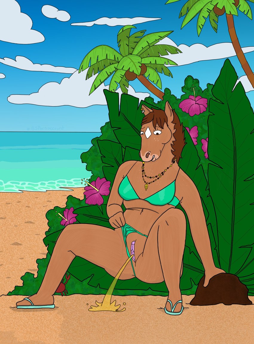 anthro beach bikini bikini_aside bikini_pull bikini_thong bikini_top blue_bikini blue_clothing blue_flip_flops blue_footwear blue_sandals blue_swimwear bodily_fluids clitoral_hood clitoris clothing clothing_aside clothing_pull cloud coconut drupe_(fruit) ear_piercing female female_peeing flip_flops food footwear freckles fruit genital_fluids genitals jewelry navel necklace outside palm_frond palm_tree peeing piercing plant pussy sand sandals sea seaside semi_public shoes solo string_bikini swimwear swimwear_aside swimwear_pull tree two-piece_swimsuit urine urine_stream water watersports third-party_edit bojack_horseman netflix hollyhock_(bojack_horseman) ambient_arthropod ambient_crab ambient_crustacean ambient_sealife equid equine horse mammal hi_res