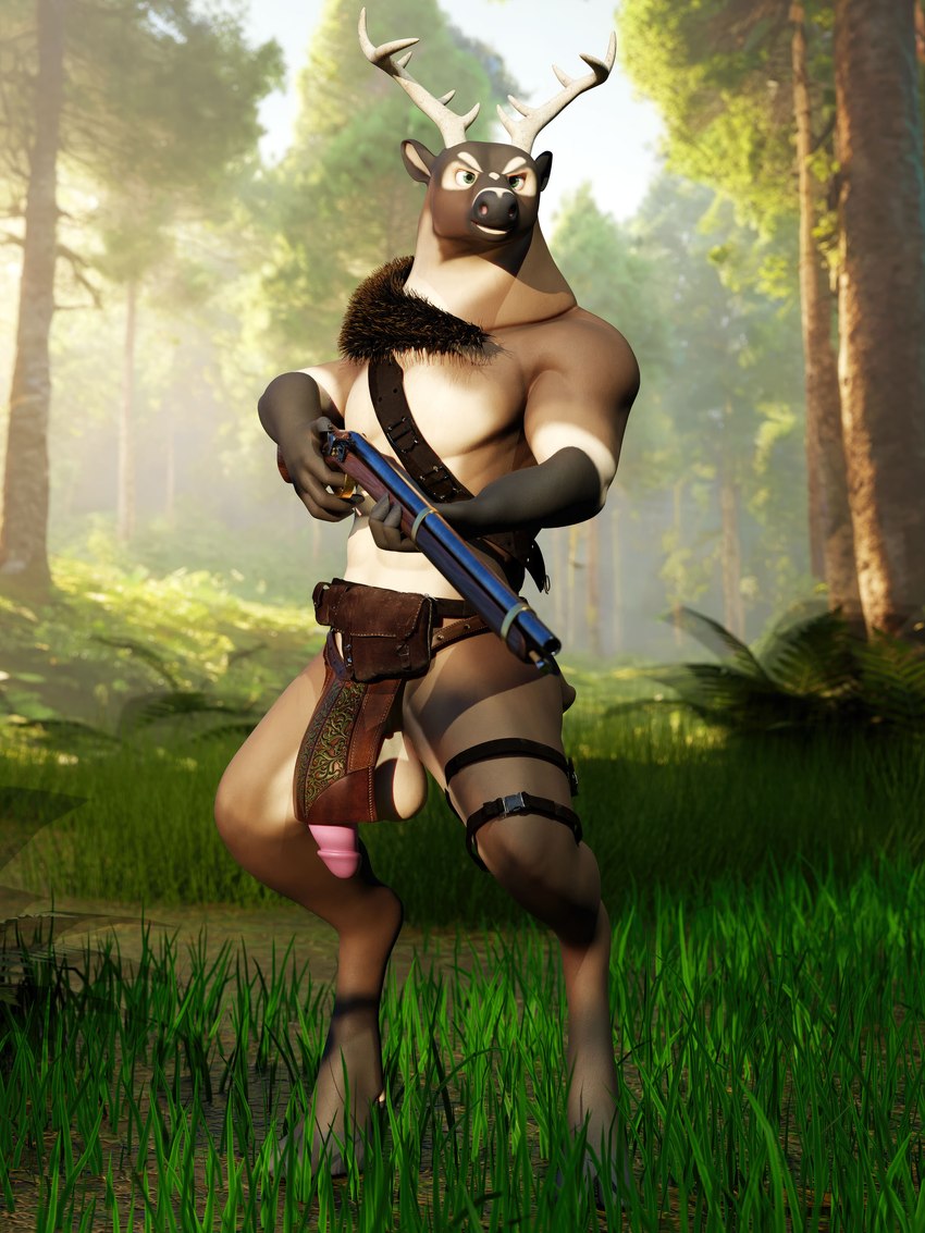 anthro antlers balls big_balls big_penis bottomwear clothing detailed_background flaccid forest genitals gun holding_object holding_weapon hooves horn humanoid_genitalia humanoid_penis ineffective_bottomwear ineffective_clothing ineffective_loincloth loincloth male muscular muscular_male musket penis plant ranged_weapon solo tree weapon chadotexas deer mammal 3:4 3d_(artwork) absurd_res digital_media_(artwork) hi_res