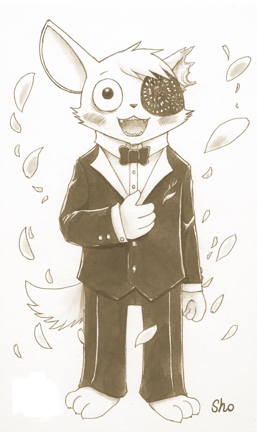 :3 anthro barefoot black_tie_(suit) blush bow_tie clothing eye_patch eyewear fangs feet hand_on_chest male notched_ear open_mouth smile solo standing suit teeth sho_shibamoto pandemonium_wizard_village zipher domestic_cat felid feline felis mammal 2021 hi_res monochrome