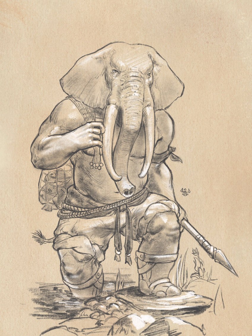 anthro belt biceps boots bottomwear clothing fisherman fishnet_clothing footwear holding_fish holding_net male manly melee_weapon musclegut muscular net pants pecs polearm rolled_up_pants rope rope_belt shoes slightly_chubby solo spear standing triceps tusks weapon neungsonie elephant elephantid mammal proboscidean 2023 3:4 hi_res monochrome sepia sketch