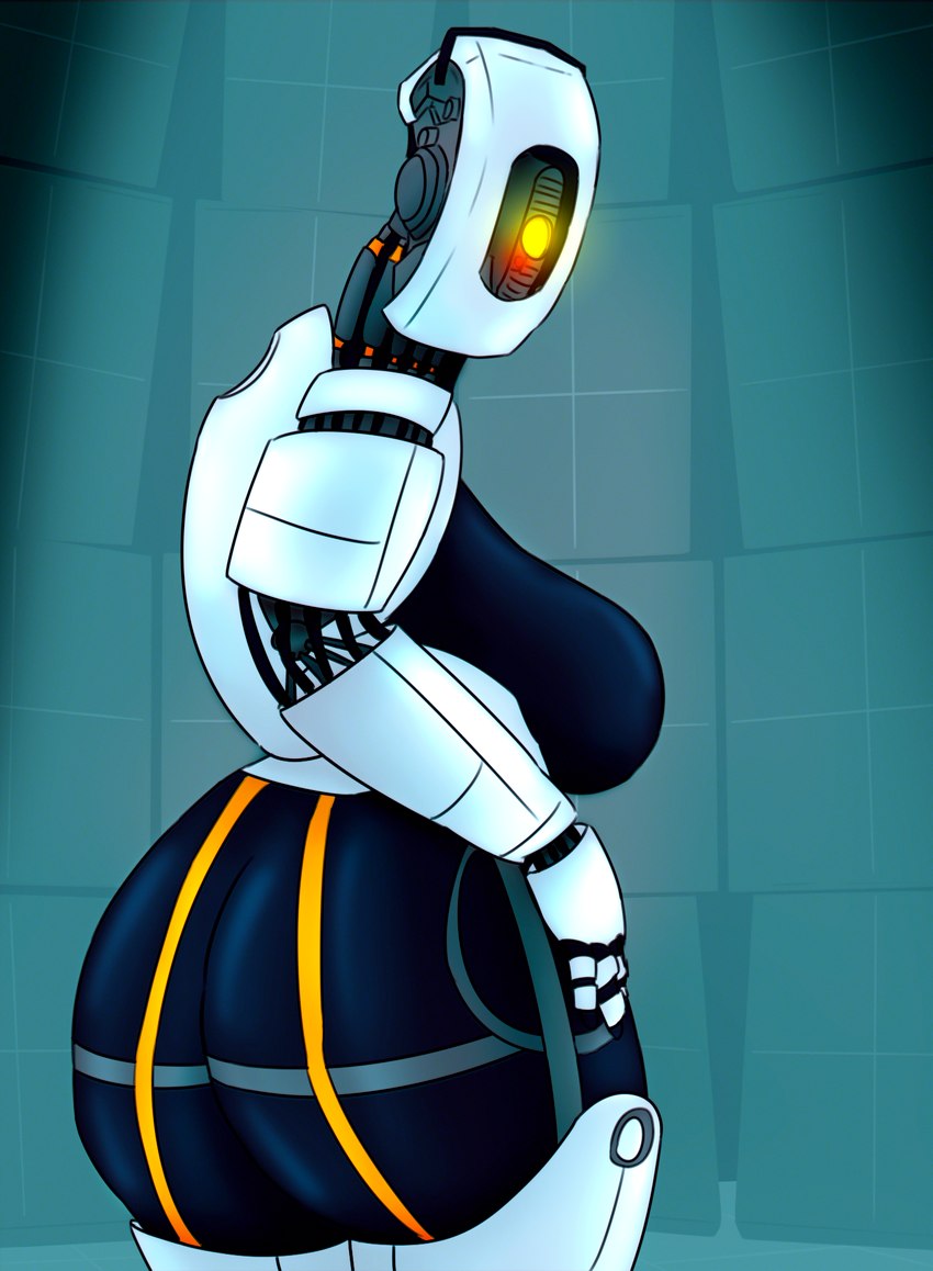 big_breasts big_butt black_body black_latex blue_light breasts butt cable cake curvy_figure dessert female food latex looking_at_another machine mechanical_arm mechanical_body mechanical_leg red_light simple_background solo spine white_body white_metal wide_hips wire yellow_eyes yellow_light mantrinrus portal_(series) valve glados humanoid living_machine robot robot_humanoid hi_res