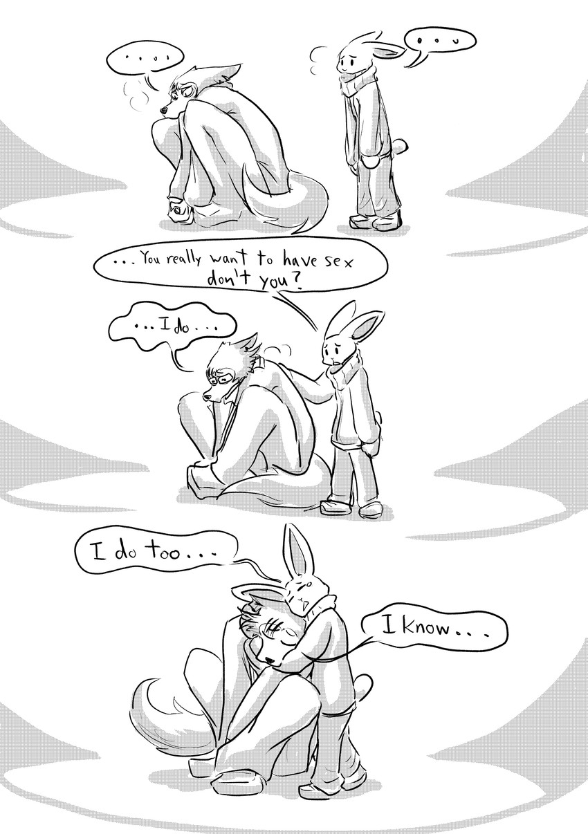 anthro bodily_fluids bottomwear clothing crouching dialogue duo female footwear hug male muffler pants patting_back sad scar scarf shoes tears dragonweirdo beastars haru_(beastars) legoshi_(beastars) canid canine canis lagomorph leporid mammal rabbit wolf absurd_res comic hi_res