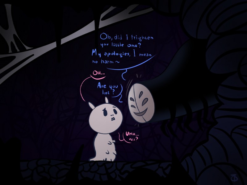 ambiguous_gender cave dialogue duo larva mask text toot hollow_knight team_cherry midwife_(hollow_knight) arthropod fly_(animal) insect maggot monster 4:3 english_text