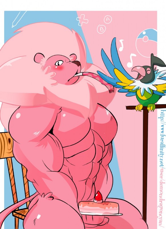 abs anthro beak biceps blush cake dessert duo eyes_closed food fur looking_at_viewer male mane muscular musical_note musical_symbol nude pecs pink_body pink_fur simple_background singing smile symbol vein demondragoncyan cartoon_network nintendo pokemon steven_universe lion_(steven_universe) chatot felid generation_4_pokemon lion mammal pantherine pokemon_(species) 2015 crossover hi_res