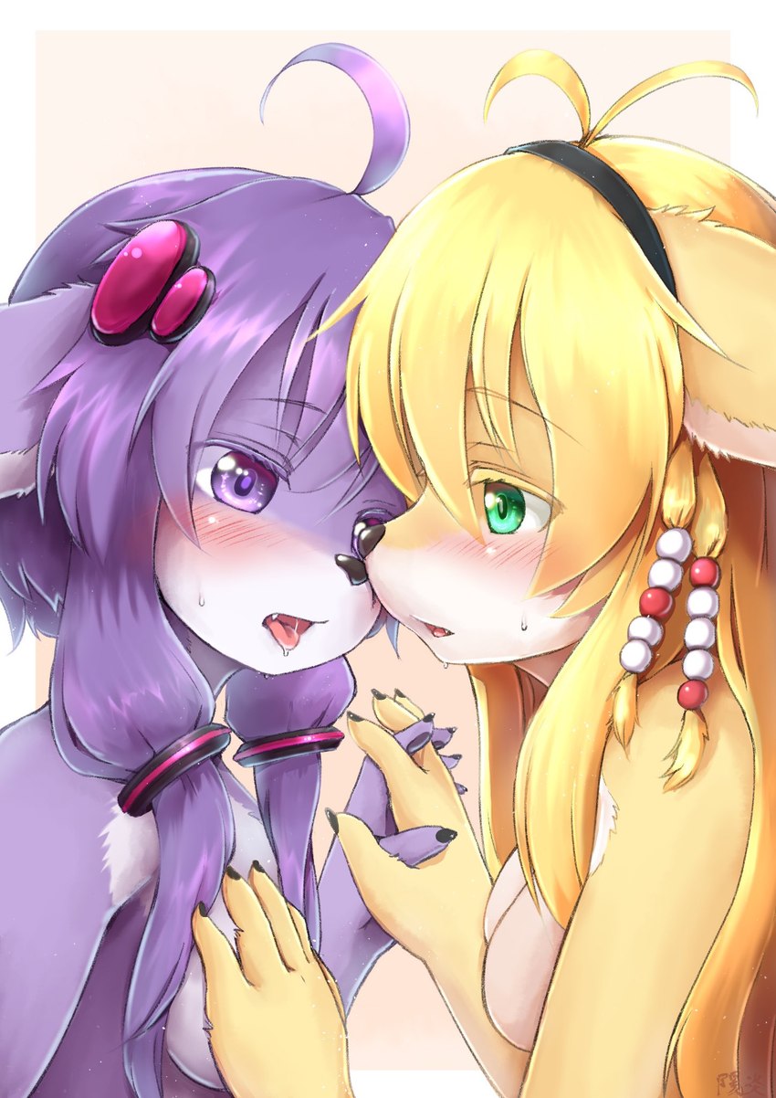 accessory ahoge alternate_species anthro blonde_hair blush breasts duo featureless_breasts female female/female fur green_eyes hair hair_accessory hairband hand_on_breast interlocked_fingers kemono nude purple_eyes tongue yellow_body yellow_fur shiitakemeshi vocaloid yuzuki_yukari hi_res