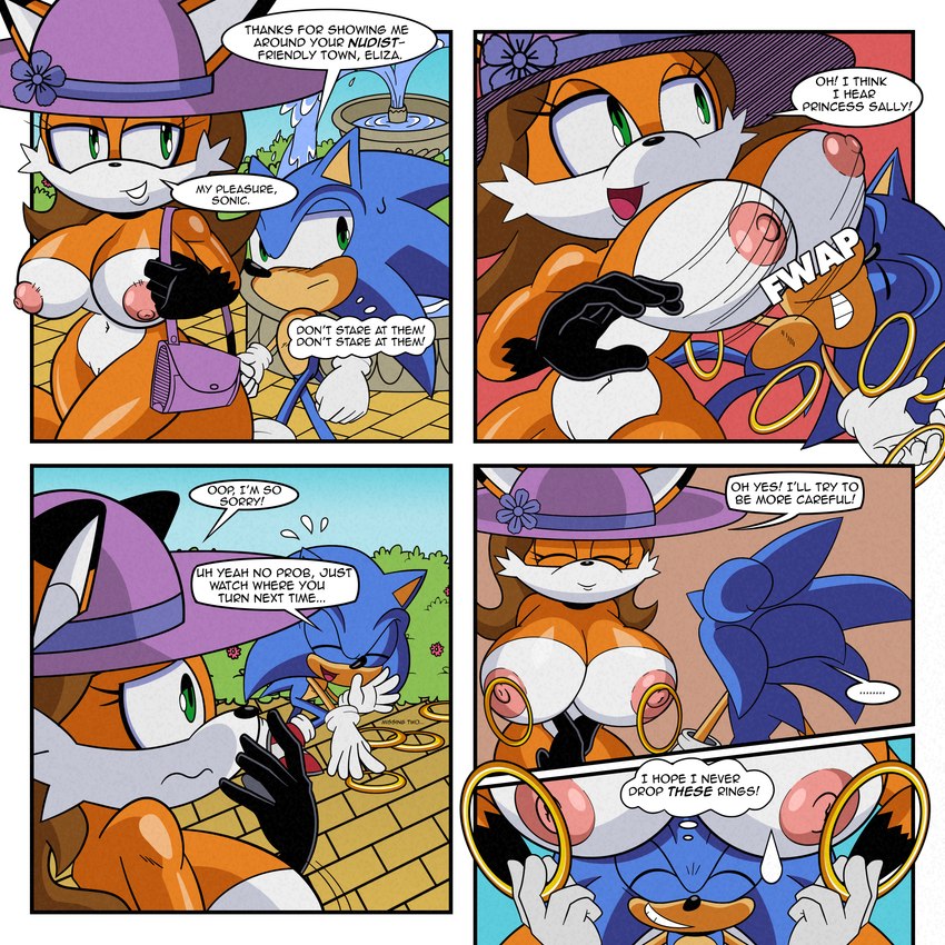 anthro big_breasts big_nipples breast_slap breasts casual_exposure casual_nudity embarrassed female huge_breasts male male/female mature_female nipples nudist park purse ring slap summer_hat text mobian_monster sega sonic_the_hedgehog_(series) fan_character sonic_the_hedgehog canid canine eulipotyphlan fox hedgehog mammal 1:1 absurd_res comic english_text hi_res