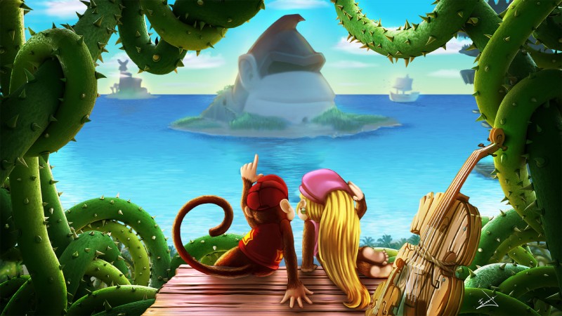 barefoot blonde_hair bottomless brambles brown_body brown_fur clothed clothing duo feet female fur hair hat headgear headwear long_hair male musical_instrument ponytail water edefexarts donkey_kong_(series) nintendo diddy_kong dixie_kong haplorhine mammal monkey primate 16:9 hi_res widescreen