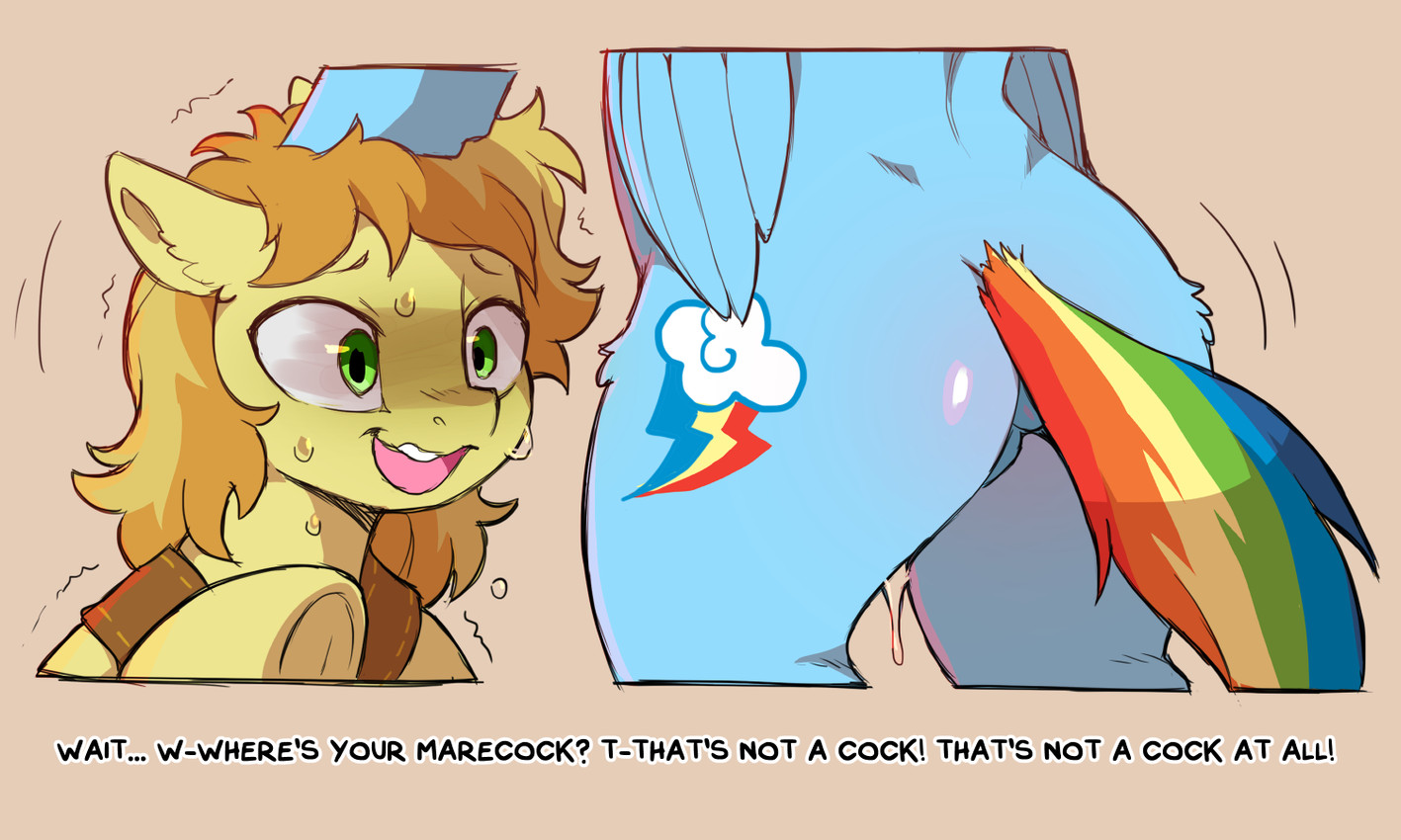 anus bait_and_switch barely_visible_anus barely_visible_genitalia barely_visible_vulva blue_body blue_fur bodily_fluids confusion duo eyebrows female feral fur gender_confusion genital_fluids genitals green_eyes ignorant male multicolored_tail open_mouth pupils quadruped simple_background tail tan_body tan_fur teeth text tongue tricked vaginal_fluids vulva wings cold-blooded-twilight friendship_is_magic hasbro my_little_pony braeburn_(mlp) rainbow_dash_(mlp) equid equine horse mammal pony 2025 5:3 english_text lol_comments