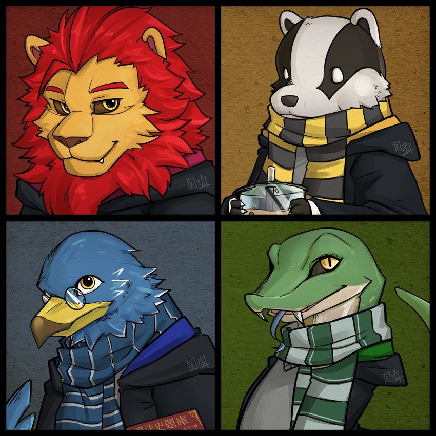 beverage black_body black_fur black_sclera blue_body blue_feathers book bubble_tea clothed clothing cute_fangs eyewear fangs feathers fur glasses green_body green_scales group gryffindor hogwarts_uniform hufflepuff male mane ravenclaw red_mane scales scarf school_uniform simple_background slytherin tan_body tan_fur teeth uniform white_body white_fur yellow_eyes harry_potter_(series) accipitrid accipitriform avian badger bird eagle felid lion mammal mustelid musteline pantherine reptile scalie snake hi_res