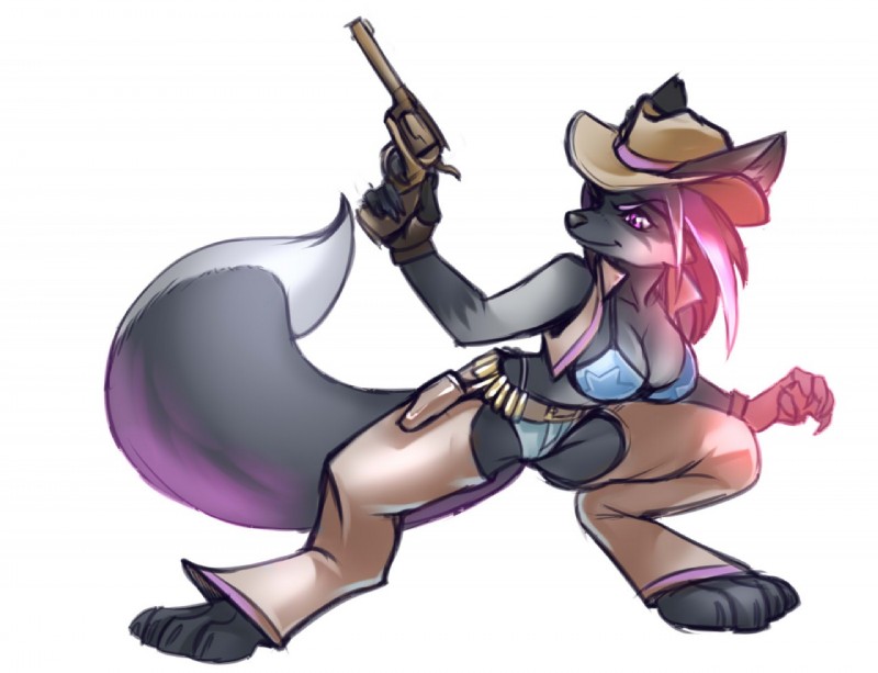 anthro bandolier barefoot big_breasts bikini bikini_cowgirl biped black_nose breasts chaps claws clothed clothing cowboy_hat dipstick_tail feet female fingerless_gloves fur gloves grey_body grey_fur gun hair handgun handwear hat headgear headwear holster inner_ear_fluff leather markings multicolored_tail pink_eyes pistol ranged_weapon revolver solo spread_legs spreading standing swimwear tail tail_markings topwear tuft two-piece_swimsuit vest weapon white_body white_fur kardie canid canine mammal