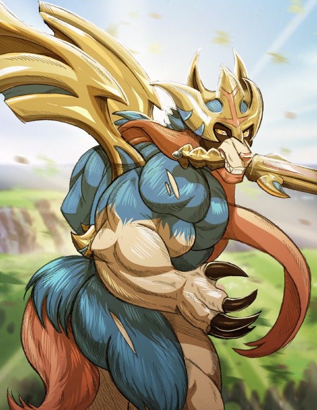 anthro anthrofied barazoku big_muscles biped claws detailed_background huge_muscles looking_at_viewer male manly melee_weapon muscular muscular_anthro muscular_male object_in_mouth pokemorph side_view smile solo sword sword_in_mouth weapon valentine_eisenberg nintendo pokemon canid canine crowned_sword_zacian generation_8_pokemon legendary_pokemon mammal pokemon_(species) zacian 2019 hi_res portrait three-quarter_portrait