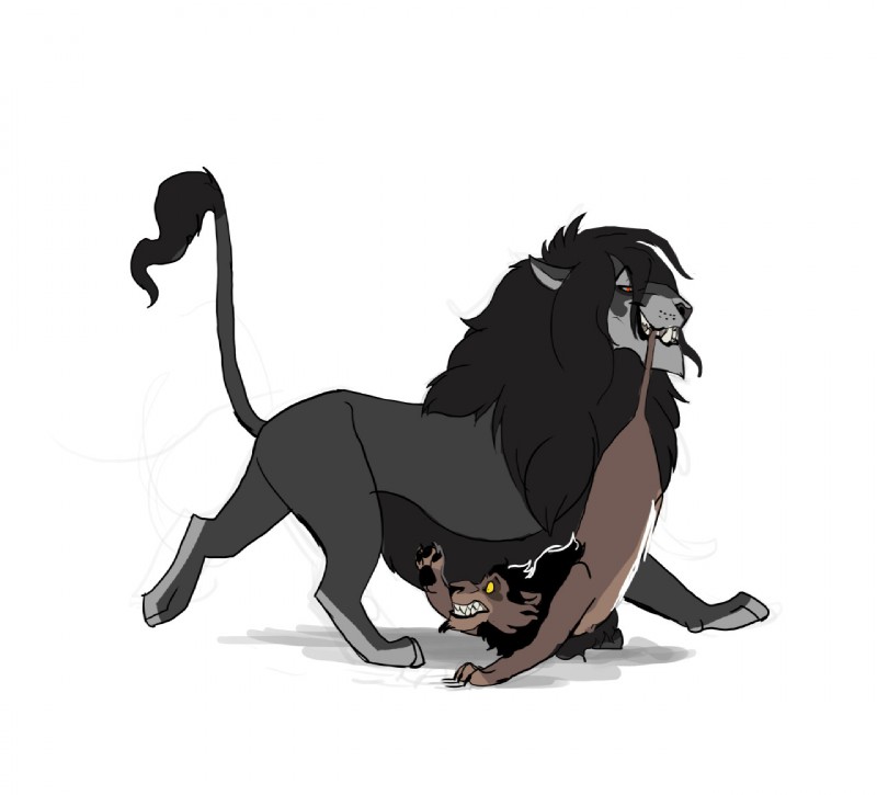 alternate_species bite carrying_another duo feral feralized furrification humor lifted lifted_by_tail male simple_background size_difference tail tail_bite tail_fetish tail_in_mouth tail_play white_background silverkitsu disney hellsing the_lion_king alucard_(hellsing) nuka_(the_lion_king) felid lion mammal pantherine