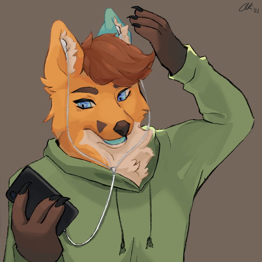 anthro blue_ear blue_eyes blue_tongue clothing earbuds electronics green_clothing green_hoodie green_topwear headphones hoodie looking_at_object looking_at_phone male phone solo tongue topwear borkboifen nolan_the_fox canid canine fox mammal red_fox true_fox 1:1 2021 hi_res