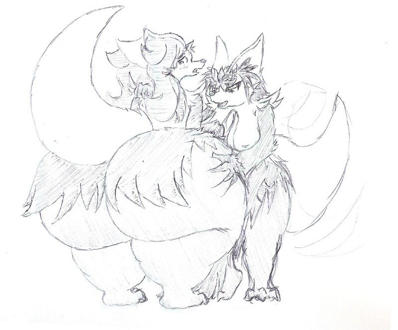 alternate_color anthro anthrofied big_breasts big_butt blush breasts butt butt_expansion butt_grab duo expansion female grope hair hand_on_butt hip_expansion huge_butt hyper hyper_butt inner_ear_fluff open_mouth panicking pokemorph raised_tail short_hair squeezing tail tail_motion tailwag thick_thighs thigh_expansion tuft wide_hips nooxgard nintendo pokemon crescera fukura canid canine delphox generation_6_pokemon mammal pokemon_(species) shiny_pokemon 2015 monochrome sketch traditional_media_(artwork)