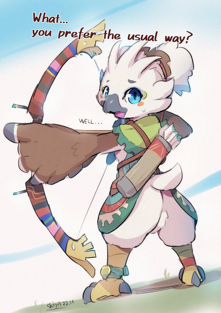 anthro archery arrow_(weapon) beak black_beak blue_eyes blush bow_(weapon) butt male ranged_weapon solo text weapon wings young sukiya nintendo tears_of_the_kingdom the_legend_of_zelda tulin_(tloz) avian rito english_text hi_res