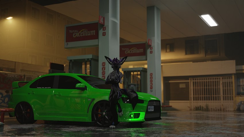 anthro car fur gas_station hair male outside smile solo vehicle zephyr_the_hyena_(artist) blender_cycles mitsubishi mitsubishi_lancer eddie_(zephyr_the_yeen) evo canid canine canis fox mammal rexouium 16:9 3d_(artwork) blender_(artwork) digital_media_(artwork) widescreen