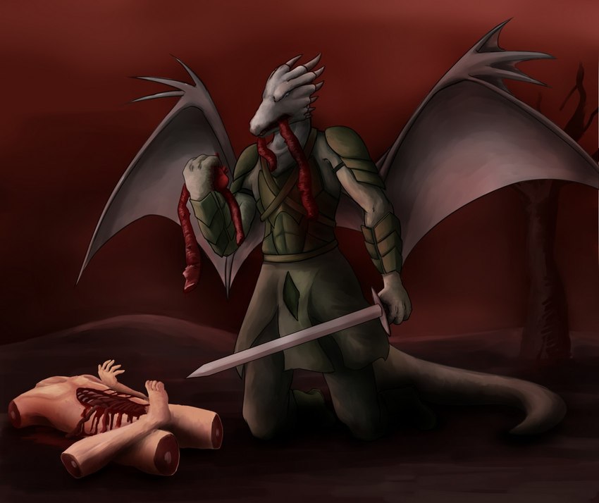 anthro armor blood bodily_fluids convenient_censorship death disembowelment dismemberment duo exposed_bone exposed_muscle exposed_organs gore gore_focus guts hard_vore holding_melee_weapon holding_object holding_sword holding_weapon internal_organs intestines male melee_weapon nude organs severed_body_part severed_limb sword tail vore weapon wings dipingxiangtr.d mythology dragon human mammal mythological_creature mythological_scalie scalie