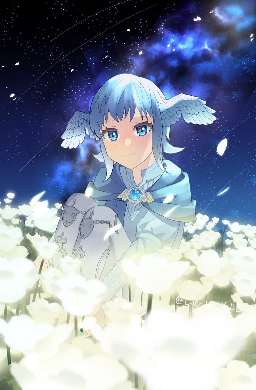 blue_eyes blue_hair blush blush_lines cloak clothed clothing feather_ear feathered_wings feathers female flower flower_bed galaxy gem glowing glowing_flower hair jewelry looking_at_viewer petals plant sitting solo space star wings rate_(hiragana) final_fantasy final_fantasy_xiv square_enix meteion_(final_fantasy_xiv) animal_humanoid avian avian_humanoid bird_humanoid human humanoid mammal 2024 absurd_res digital_media_(artwork) hi_res signature