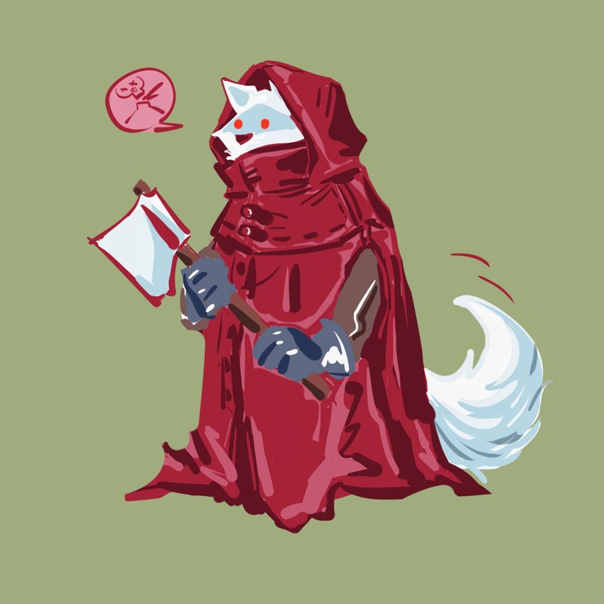 alternate_costume alternative_fashion anthro axe button_(fastener) cheek_tuft chibi cloak clothing coat decapitation facial_markings facial_tuft fluffy fluffy_tail fur fuzzy gloves grey_background handwear head_markings holding_axe holding_object hood hood_up male markings mask_(marking) red_cloak red_clothing red_coat red_eyes red_topwear simple_background sleeves solo speech_bubble standing tail topwear tuft white_body white_fur laonarou dreamworks puss_in_boots_(franchise) death_(puss_in_boots) canid canine canis mammal wolf 1:1 hi_res