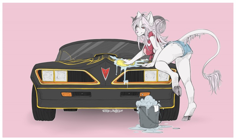 anthro big_breasts border bottomwear breasts bucket butt car car_wash clothing container denim denim_bottomwear denim_clothing denim_shorts female fur hair hooves hotpants pink_hair pink_nose shirt shorts solo sponge suds tied_shirt topwear trans_am vehicle white_body white_border white_fur xeinzeru general_motors pontiac pontiac_firebird bovid canid canine canis caprine hybrid mammal wolf hi_res