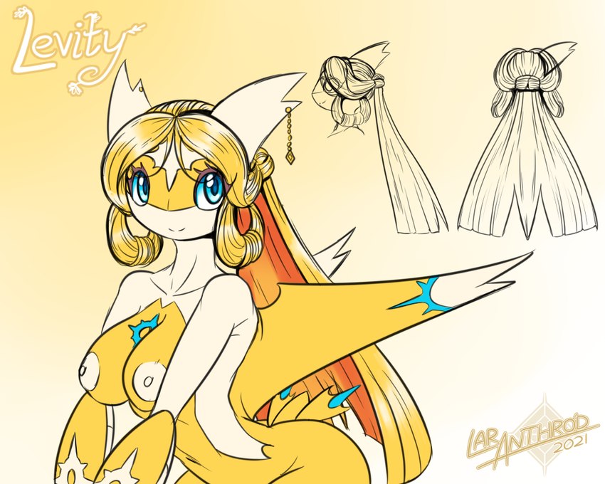 anthro arabian areola blonde_hair blue_eyes breasts ear_piercing eyelashes female front_view gold_(metal) gold_jewelry hair jewelry markings name_drop nipples nude number piercing pokemorph rear_view side_view solo tail text veil wings yellow_body latiar nintendo pokemon levity_(latiar) generation_3_pokemon latias legendary_pokemon pokemon_(species) shiny_pokemon 2021 5:4 artist_name digital_media_(artwork) english_text