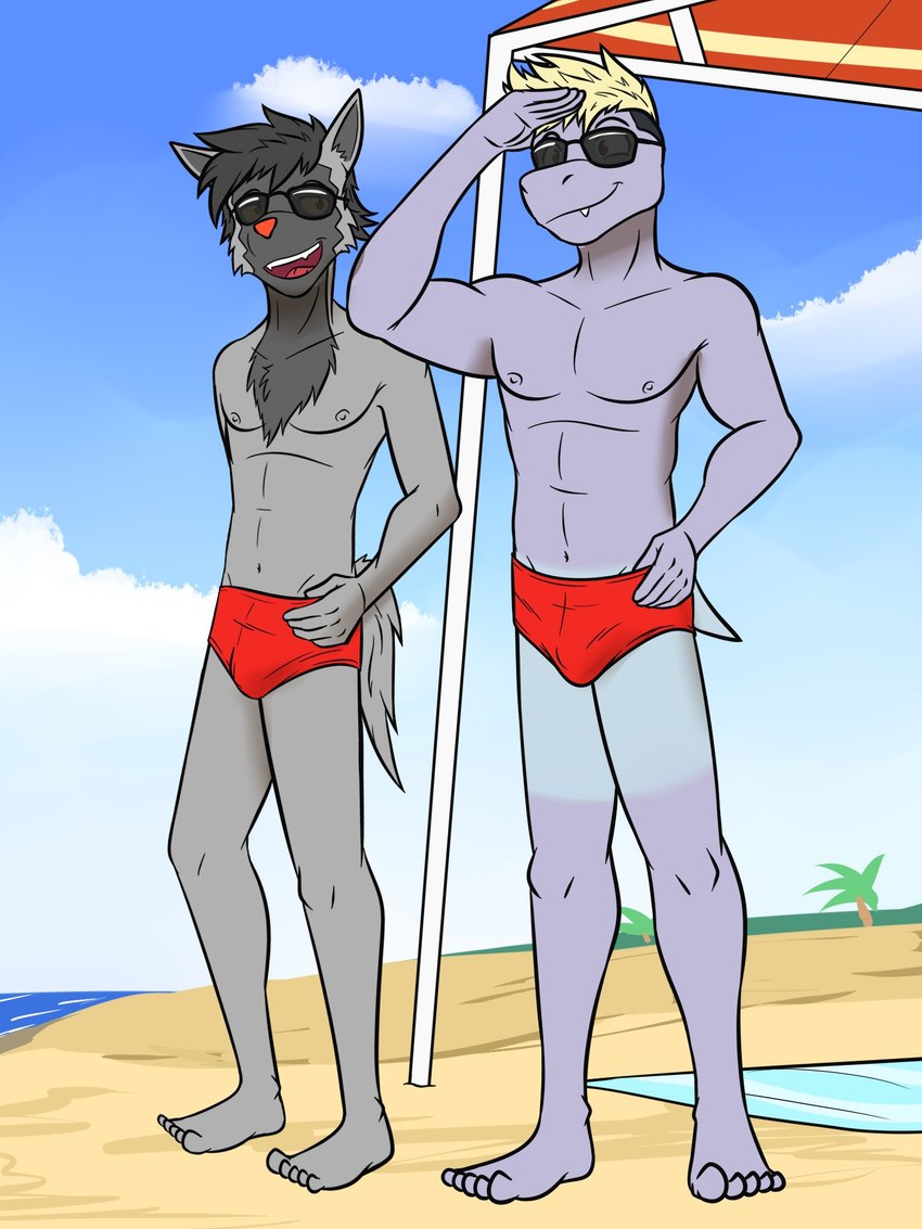 anthro anthrofied beach bulge clothed clothing duo eyewear male navel nipples pokemorph red_clothing red_speedo red_swimwear sea seaside speedo speedo_only sunglasses suntan swimwear tan_line topless water fuze nintendo pokemon pawl_(fuze) rex_(fuze) generation_1_pokemon generation_3_pokemon machop pokemon_(species) poochyena 3:4 hi_res