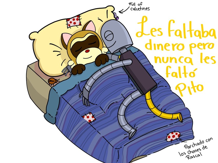 anthro bed biped brown_body duo eyes_closed furniture grey_body hug lying machine pillow red_nose sleeping slightly_chubby smile text clown_horse robot_dreams rascal_(robot_dreams) robot_(robot_dreams) mammal procyonid raccoon robot 2024 4:3 hi_res spanish_text translated