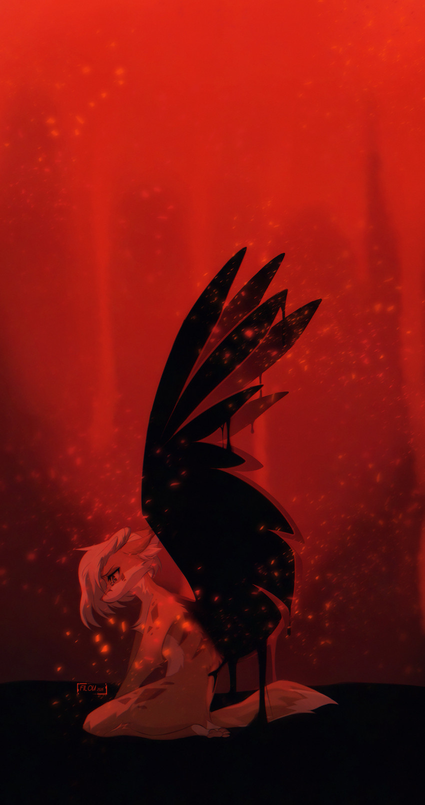 anthro arm_tuft belly black_wings bodily_fluids crying dipstick_tail ear_tuft ears_down elbow_tuft facing_aside feet female fluffy fluffy_tail fur fur_markings green_eyes hair hands_on_ground hindpaw kneeling looking_down markings messy_hair neck_tuft nude orange_body orange_fur pawpads paws pivoted_ears red_background sad simple_background solo spread_wings tail tail_markings tears tuft white_belly white_body white_fur white_hair white_tail_tip wings filoubee filou canid canine fox mammal absurd_res hi_res huge_filesize