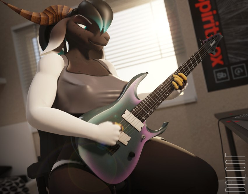 anthro bedroom black_hair blue_eyes blue_hair bottomwear clothed clothing female freckles guitar hair highlights_(coloring) horn hotpants ibanez_rgd musical_instrument nipple_outline playing_guitar playing_music plucked_string_instrument shirt shorts smile solo string_instrument tank_top topwear loaf3d ibanez_rg warfare_machine fan_character kara_(daloaf) warfare_goat bovid caprine goat mammal 3d_(artwork) blender_(artwork) digital_media_(artwork) hi_res