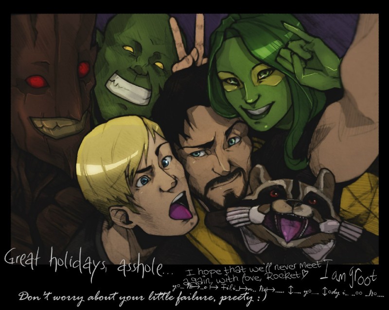 blonde_hair blue_eyes facial_hair female green_body green_hair group hair male mustache plant selfie teeth text tongue chirocolor_(artist) guardians_of_the_galaxy marvel drax_the_destroyer gamora groot iron_man peter_quill rocket_raccoon tony_stark human mammal procyonid raccoon english_text