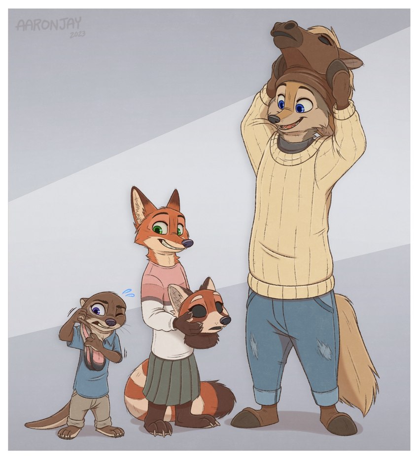 anthro band_(marking) banded_tail barefoot bodily_fluids brown_body brown_fur claws clenched_teeth clothed clothing costume crossdressing disguise feet female fur fursuit fursuit_head group hooves long_ears looking_back male markings mask open_mouth orange_body orange_fur simple_background size_difference smile stilts struggling_to_fit sweat tail tail_markings tan_body tan_fur teeth trio undercover yellow_body yellow_fur aar0njay ailurid canid canine canis coyote equid equine fox horse lagomorph leporid mammal mustelid otter rabbit red_panda hi_res