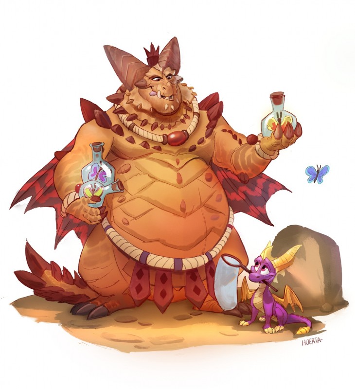 anthro belly bottle butterfly_net claws container duo_focus feral group holding_net horn male net overweight overweight_anthro purple_body purple_eyes smile spikes tail tongue wings gamutfeathers activision mythology spyro_reignited_trilogy spyro_the_dragon magnus_(spyro) rescued_dragons_(spyro) spyro arthropod butterfly dragon insect lepidopteran mythological_creature mythological_scalie scalie hi_res