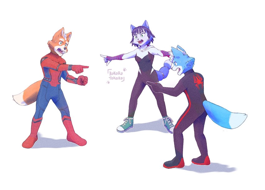 anthro blue_body blue_fur blue_hair blue_tongue breasts clothing female footwear fur green_eyes group hair male orange_body orange_fur orange_tail shocked shoes tail tongue kokoro-tokoro marvel nintendo spider-man:_spider-verse spider-man_(series) spider-man_pointing_at_spider-man star_fox fox_mccloud gwen_stacy krystal_(star_fox) marcus_mccloud miles_morales peter_parker spider-gwen spider-man_(character) spider-woman canid canine fox mammal digital_media_(artwork) hi_res