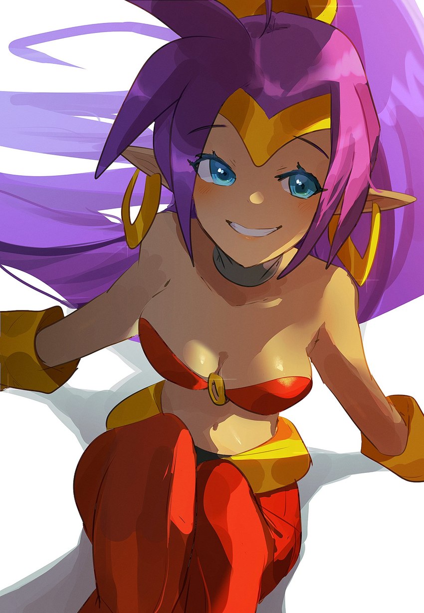 blue_eyes breasts cleavage clothed clothing ear_piercing ear_ring female hair humanoid_pointy_ears long_hair looking_at_viewer not_furry piercing pointy_ears ponytail purple_hair ring_piercing simple_background sitting smile solo tan_body tan_skin pachirisus shantae_(series) wayforward shantae genie humanoid hi_res