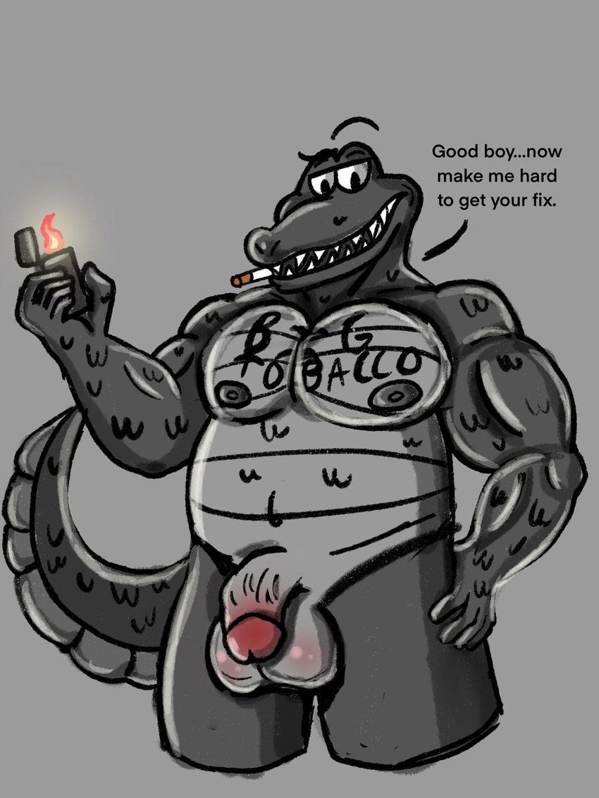 anthro balls barazoku belly big_balls big_penis body_writing cigarette cigarette_in_mouth circumcised circumcision_scar dialogue dominant dominant_male drug_dealer drugs fire flaccid genital_scar genitals good_boy grey_background humanoid_genitalia humanoid_penis male master muscular muscular_anthro muscular_male nipples object_in_mouth penis scar sex simple_background smile smoking smoking_tobacco solo teasing text tobacco vein veiny_penis writing_on_chest razzberryeclair big_tobacco_(character) crocodile crocodilian reptile scalie 3:4 english_text hi_res