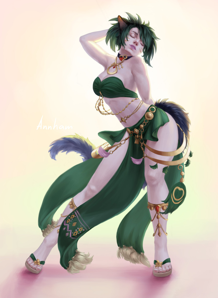 belly_chain belly_dancer belly_dancing breasts cat_tail clothing collar dancing exposure_variation female gold_(metal) green_clothing green_hair hair jewelry necklace solo swimwear annham final_fantasy final_fantasy_xiv square_enix animal_humanoid cat_humanoid felid felid_humanoid feline feline_humanoid humanoid mammal mammal_humanoid miqo'te absurd_res digital_media_(artwork) hi_res shaded