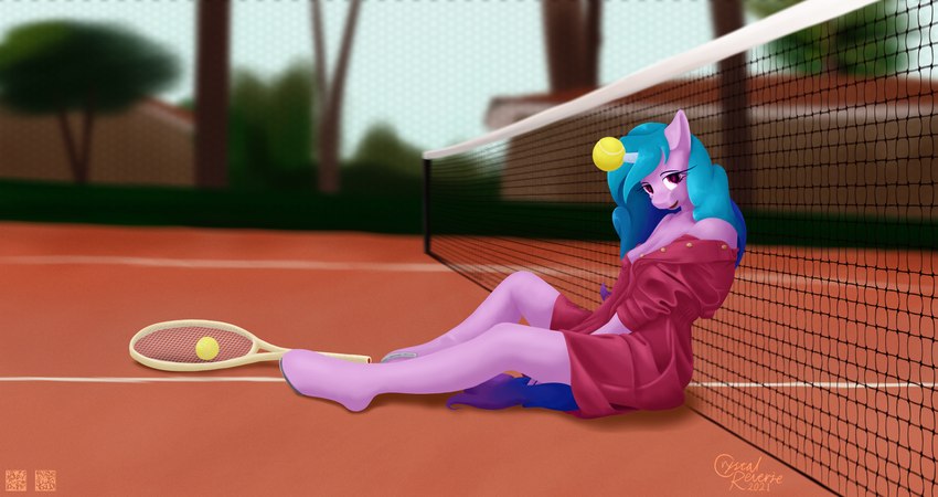 anthro ball clothed clothing female horn looking_at_viewer net open_clothing open_shirt open_topwear plant shirt smile solo tennis_ball tennis_ball_on_horn tennis_court tennis_net tennis_racket topwear tree unbuttoned unguligrade_anthro alicorn-without-horn hasbro mlp_g5 my_little_pony mythology izzy_moonbow_(mlp) equid equine mammal mythological_creature mythological_equine unicorn absurd_res hi_res