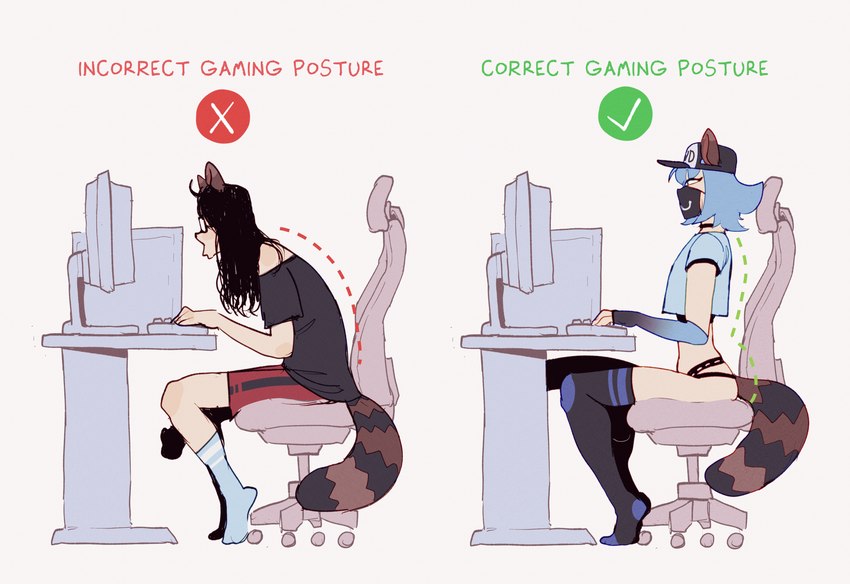 anthro armwear big_penis chair clothed clothing eyewear femboy furniture gaming_pc genitals glasses hair hat headgear headwear huge_penis legwear long_hair long_penis male markings mask penis ring_(marking) ringed_tail skimpy solo striped_markings striped_tail stripes tail tail_markings text thigh_highs wig peculiart correct_gaming_posture noah_(peculiart) mammal procyonid raccoon 2025 english_text hi_res meme