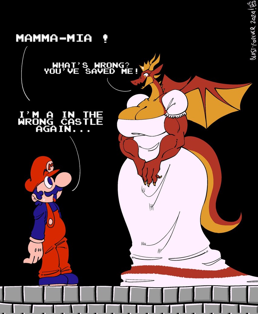 anthro back_wings big_breasts breasts claws clothing crown curvy_female dress duo facial_hair female headgear horn larger_female male muscular muscular_anthro mustache overalls red_body sharp_teeth size_difference smaller_male tail teeth text wide_hips wings yellow_eyes yanisp5 mario_bros mythology nintendo dragon_peach mario princess_peach dragon human mammal mythological_creature mythological_scalie scalie english_text hi_res