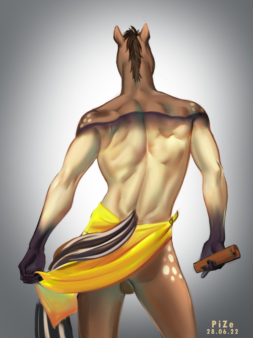 5_fingers anthro backsack balls bottomwear bottomwear_aside brown_hair clothing clothing_aside fingers genitals hair loincloth loincloth_aside male multicolored_body muscular simple_background solo tail tail_aside two_tone_body two_tone_tail pize arthus_(wasen) equid equine horse mammal 2022 3:4 digital_media_(artwork) hi_res