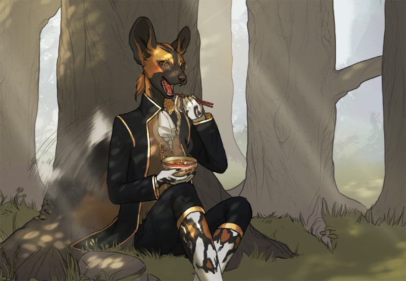 5_fingers anthro biped black_nose clothed clothing fingers forest grass male open_mouth plant sitting solo teeth tongue tree akitary nomax_(character) african_wild_dog canid canine mammal 2019 digital_media_(artwork)