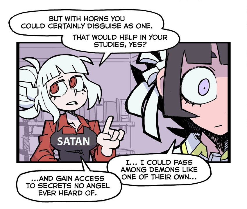 apron clothed clothing dialogue duo female horn not_furry red_eyes text text_on_apron text_on_clothing vanripper helltaker azazel_(helltaker) lucifer_(helltaker) angel angel_humanoid demon demon_humanoid humanoid english_text