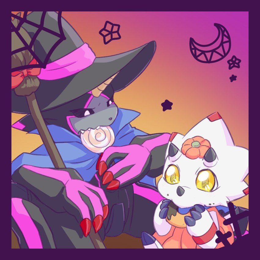 anthro black_body candy clothing costume dessert duo eating evolutionary_family food halloween_costume holidays lollipop male white_body sansyonoki64 bandai_namco digimon halloween digimon_(species) gammamon gulusgammamon 1:1