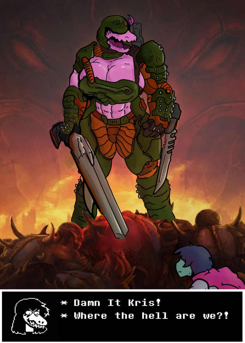 abs ambiguous_gender armor big_breasts body_pile breasts cleavage clothed clothing corpse covered_eyes death duo female front_view gun hair hell holding_gun holding_object holding_ranged_weapon holding_shotgun holding_weapon pink_body purple_hair ranged_weapon shotgun snout standing text text_box weapon wrist_blade zigzag_teeth abeybubble deltarune doom_(series) id_software kris_where_are_we microsoft undertale_(series) kris_(deltarune) susie_(deltarune) human imp_(doom) mammal monster scalie crossover english_text hi_res meme