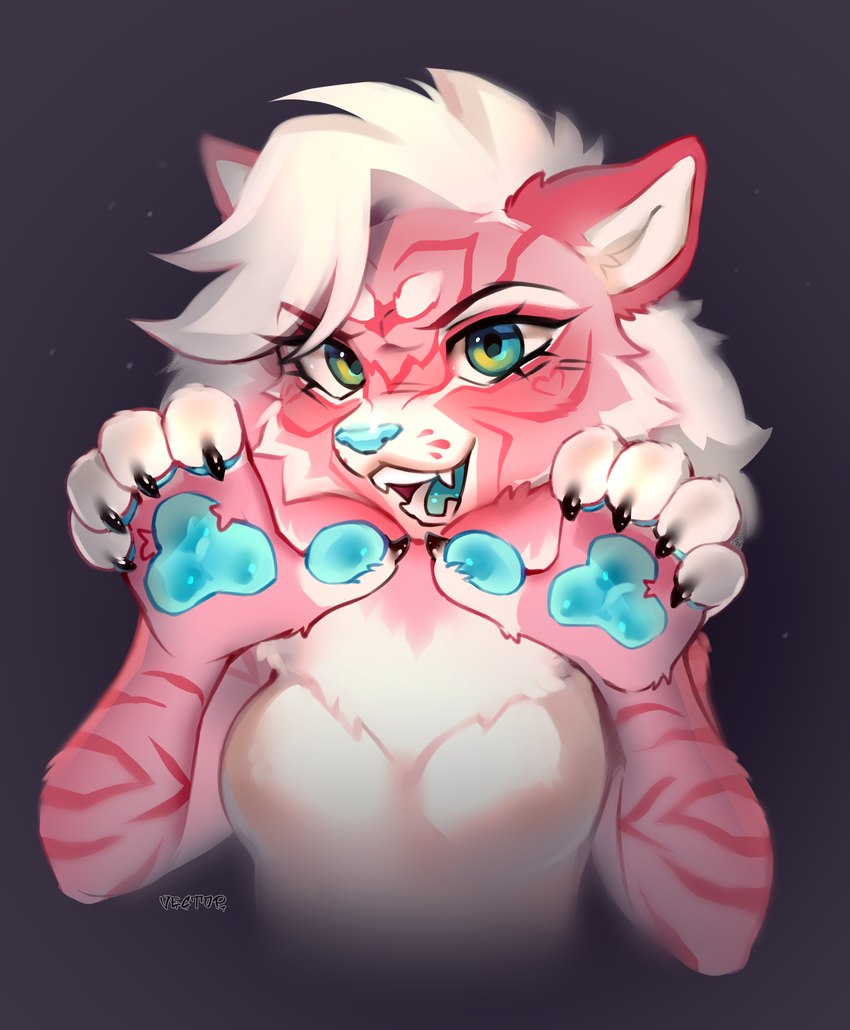 anthro blue_pawpads breasts female fur hair neck_tuft open_mouth pawpads paws pink_body pink_fur simple_background solo tuft white_body white_hair zlatavector felid feline mammal hi_res