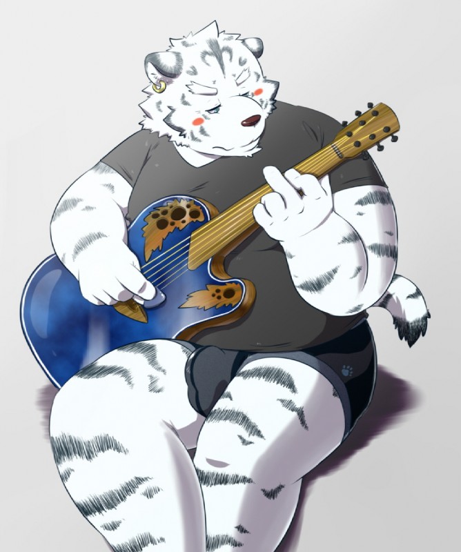 anthro biped blush bulge clothing electric_guitar fur guitar humanoid_hands leucistic male musical_instrument overweight overweight_anthro overweight_male plectrum plucked_string_instrument shirt sitting solo string_instrument topwear underwear white_body white_fur wdh3905 felid mammal pantherine tiger 2015