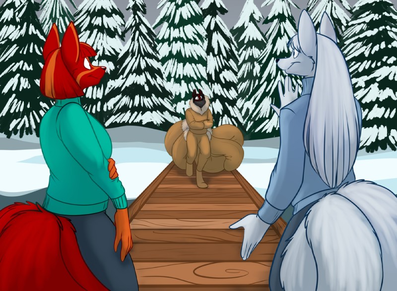 anthro black_body black_fur clothed clothing female fur group hair multi_tail outside plant red_body red_fur red_hair smile snow tail tree white_body white_fur white_hair foxenawolf krinele_fullin molly_fullin nocturne_(datban) canid canine dreamspinner fox mammal